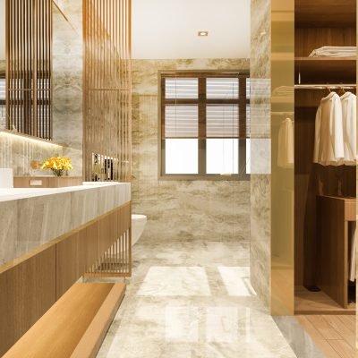 3d rendering modern design and marble tile toilet and bathroom and wardrobe with walk in closet