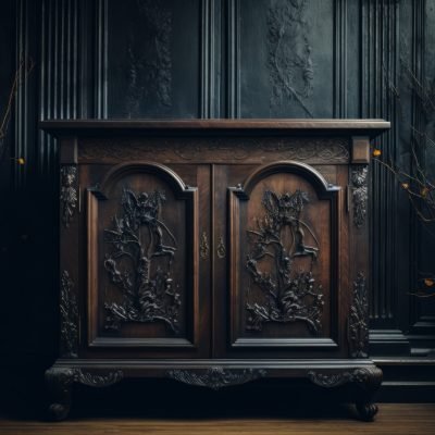 Moody shot of an Art Nouveau cabinet with detailed carvings, pla